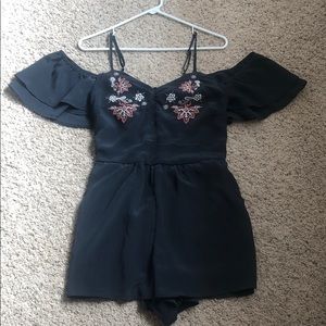 Blue Off the Shoulder Romper with Pink Embroidery